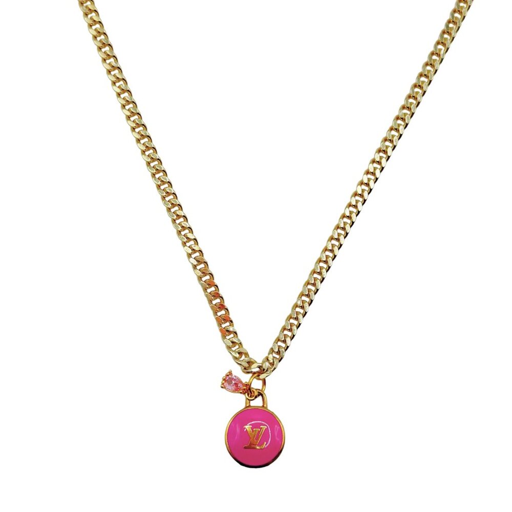 Repurposed LV ColoredPendant Necklace - PINK